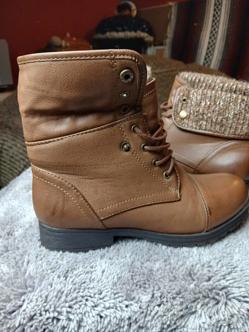 Jessica Cline Brown Cap Toe Knit Cuff Lace Up Boots 8.5